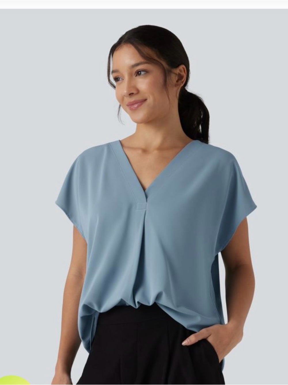 HALARA Sky Blue V-Neck Pleat Front Short Sleeve Blouse